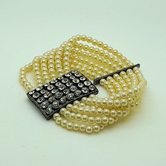 Handmade 5mm cream color 6 row faux pearl stretch party fashion bracelets - Picture 2 of 5